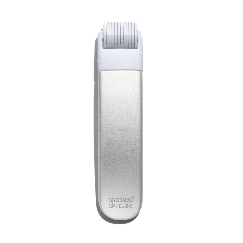 StackedSkincare Microneedling Roller with Replaceable 02mm Stainless Steel Needle Head  Gentle Micro Needle Roller for Face Scalp  Body  Ergonomic Aluminum Handle for Smooth Even Radiant Skin